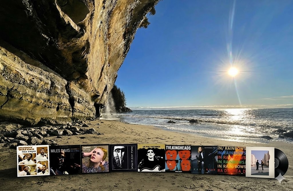 A sunny beach with a cliff and waterfall, with album covers superimposed across the bottom.