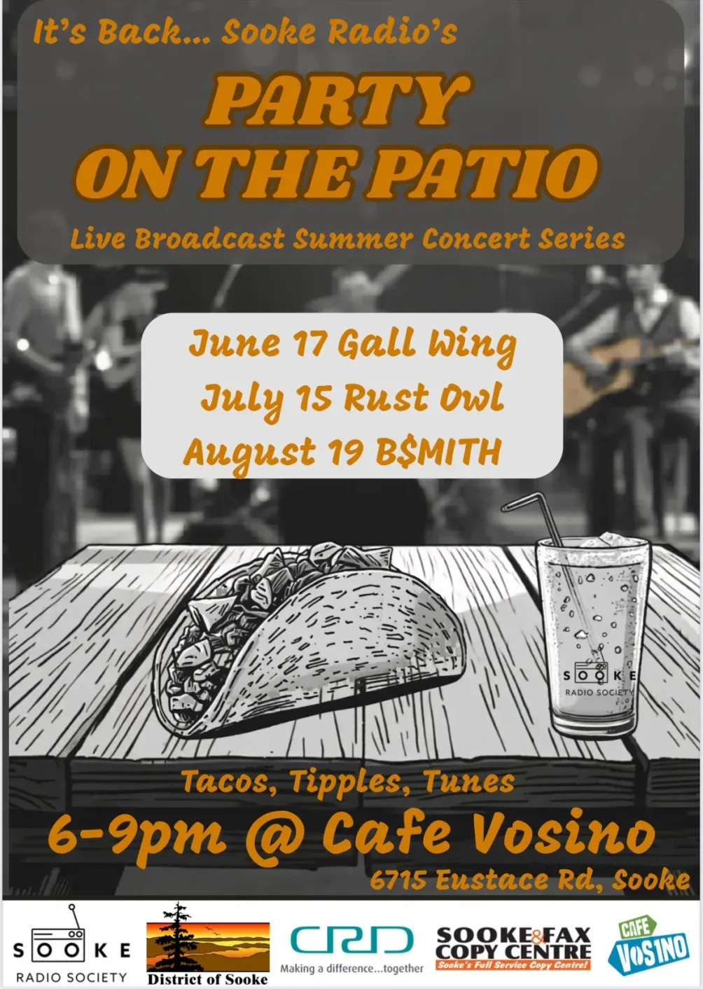 Sooke Radio fundraiser 6-9pm Cafe Vosino July 15 and August 19, live music, fun DJs, family friendly licensed event